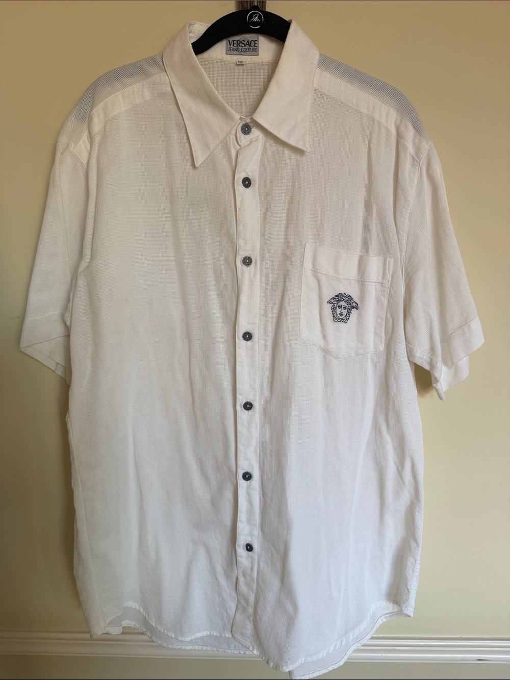 Versace Jeans Collection White Short Sleeve Dress Shirt with Embroidered Medusa